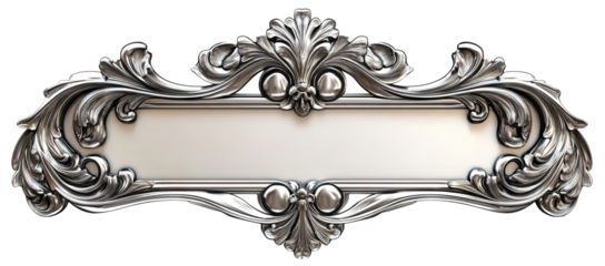 Baroque silver nameplate with ornate floral embellishments and elegant metallic luster, isolated on