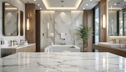 Blurred luxury bathroom interior with marble quartz countertop for product display