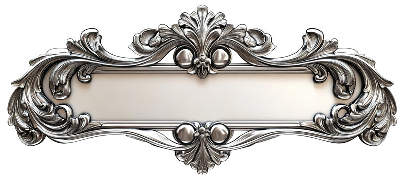 Baroque silver nameplate with ornate floral embellishments and elegant metallic luster, isolated on - Powered by Adobe