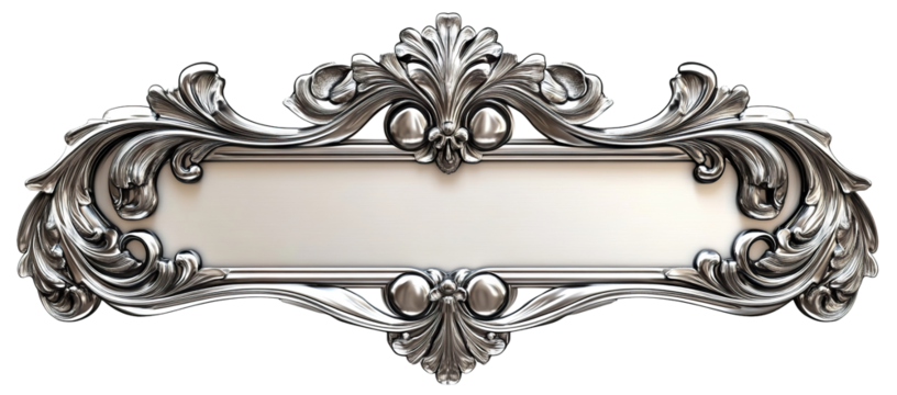 Baroque silver nameplate with ornate floral embellishments and elegant metallic luster, isolated on