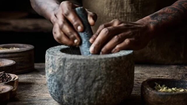 A person grinding spices with a stone mortar and pestle, surrounded by colorful spices on a wooden table.