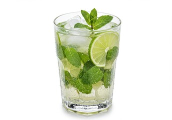 A refreshing, vibrant beverage presentation, showcasing a Mojito in a clear glass, complete with ice, lime slices, and fresh mint leaves, creating a visually appealing composition against a bright...