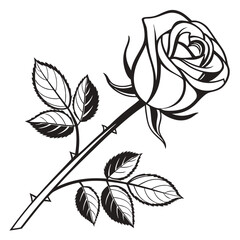 Detailed black and white rose illustration with stem and leaves.