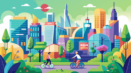 Vibrant cityscape with cyclists enjoying a sunny day