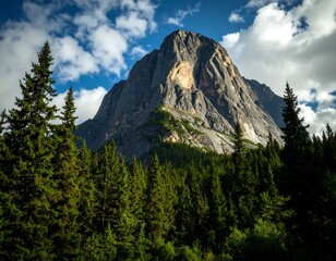 Obraz premium Mountain peak rising above a dense forest