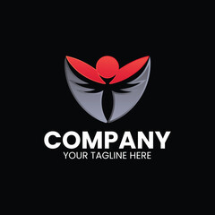 Abstract logo design with red and gray elements on black background.