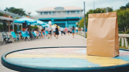 Take Away Meal Outdoors: A paper bag rests on a vibrant cafe table, inviting thoughts of a meal enjoyed in a bustling outdoor setting. The image evokes the essence of ease.
