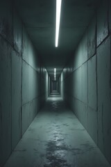 A professional surreal and ominous vertical photograph of a narrow dimly lit hallway with cold grey concrete walls that are slowly closing in symbolizing claustrophobia with a low ceiling and a distan