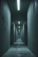 A professional surreal and ominous vertical photograph of a narrow dimly lit hallway with cold grey concrete walls that are slowly closing in symbolizing claustrophobia with a low ceiling and a distan