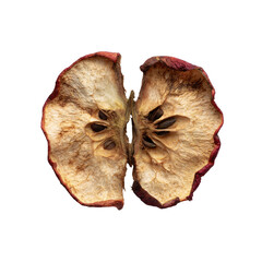 Dried apple slice, bisected, showing core.  A close-up view of a dried apple, cut in half, revealing the seeds within the core.  