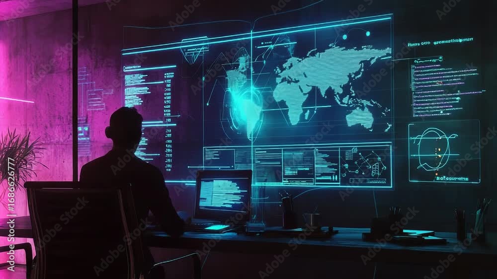 Wall mural programmer working on futuristic computer in high tech office analyzing global data