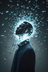 professional photo of a human silhouette with defined facial features and dark skin tone surrounded by hundreds of shattered glass pieces frozen mid-air in a chaotic yet beautiful pattern yet the figu
