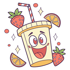 Happy cartoon smoothie with strawberries and orange slices