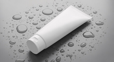 An unbranded white plastic tube, possibly containing cream or lotion, is positioned on a reflective grey background adorned with numerous clear water droplets.