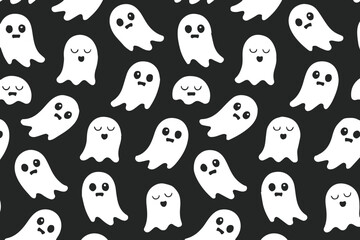 seamless ghost pattern in cartoon style with cute expressions on black backdrop vector art for seasonal projects
