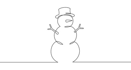 Snowman in one line art style. Snowman drawing with editable black stroke on white background. Vector illustration.