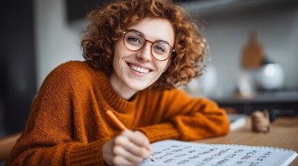 Young woman organizes her online course materials while smiling in a cozy workspace during the afternoon