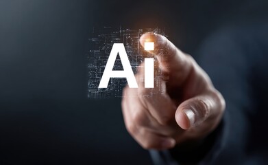 Finger activates "Ai" on digital screen, overlaid with data matrix