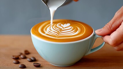 Skilled barista artfully pours steamed milk into coffee cup, creating intricate latte art design, showcasing the delicate process of crafting a perfect beverage with rich textures and warm colors