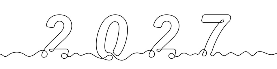 The number 2027 in one line art style. Drawing of the number with editable black stroke on white background. Vector illustration.