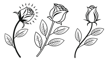 Three hand-drawn rose buds with stems and leaves in black and white.