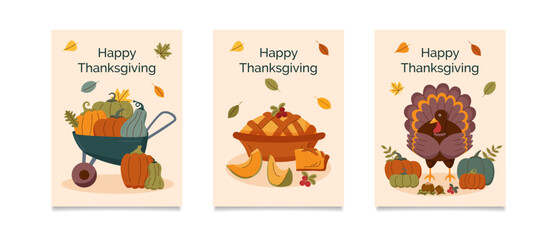 Thanksgiving cards set. Thanksgiving posters. Concept of autumn and harvest. Vector flat templates.