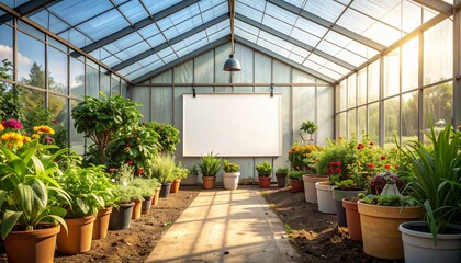 Sunlit greenhouse interior with potted plants and a blank whiteboard.