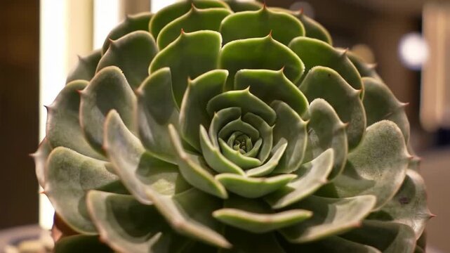 Close-up of vibrant green succulent plant with beautiful spiral rosette in indoor setting, nature concept.
