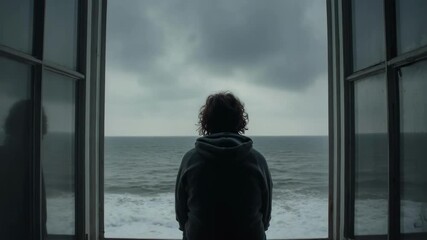 A person in a hoodie sits on a windowsill, gazing at the sea through open windows under a cloudy sky.