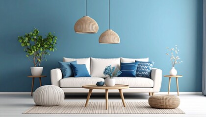 Modern living room in serene blue tones with a cozy white sofa, abstract decor, and a minimalist side table arrangement