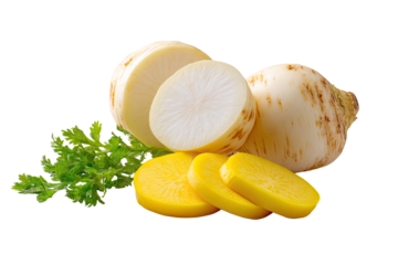 Fresh daikon and yellow radish, whole and sliced, with leafy garnish