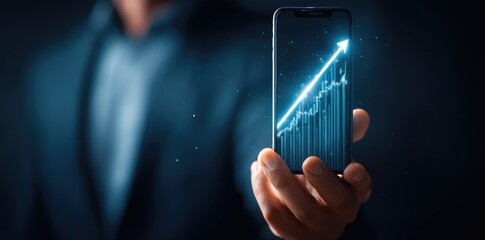 A hand holding a phone displaying a rising graph and arrow, suggesting growth. The background is a dark blur