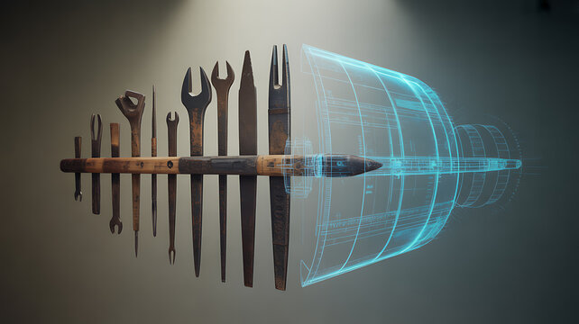 A collection of ancient tools and artifacts arranged in a circular pattern with a glowing digital sphere emanating from a central object symbolizing the intersection of history and technology