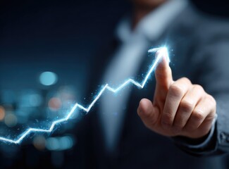 Business growth depicted by a glowing line graph rising as a person's hand points upward against a blurred cityscape backdrop