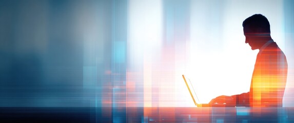 Silhouette of a business professional using a laptop against an abstract blue and orange background