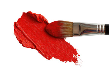 A vibrant red paint stroke, with a paintbrush poised above it, against a stark black background.  The paint is textured, showing brushstrokes and a slightly uneven application. 