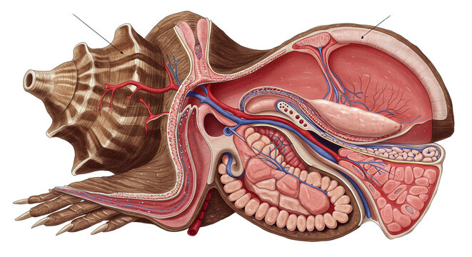 Mollusk anatomy chart without labels, showing internal organs and body structure in a professional scientific illustration style, ideal for educational posters, biology study guides