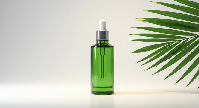Elevate your wellness routine with vibrant green serum bottle and tropical leaf accents for a spa experience
