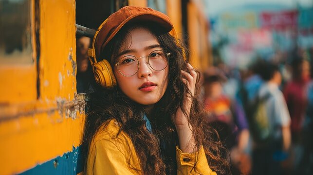 Chinese commuter adjusting headphones while leaning against train door window city skyline blurred in background urban lifestyle concept
