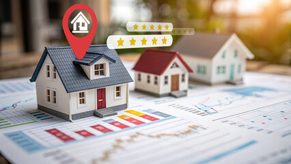 Miniature house models on financial charts with location pin and star rating icons, concept of real estate market analysis, property investment, house selection and customer reviews.