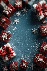Red Christmas gifts and snowflakes arranged on a decorated blue background