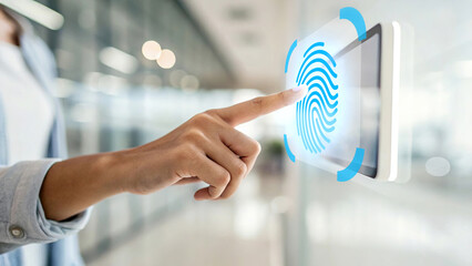 Close-up of a hand pressing digital fingerprint scanner on a transparent screen, biometric authentication technology for secure login and data protection, modern business background.