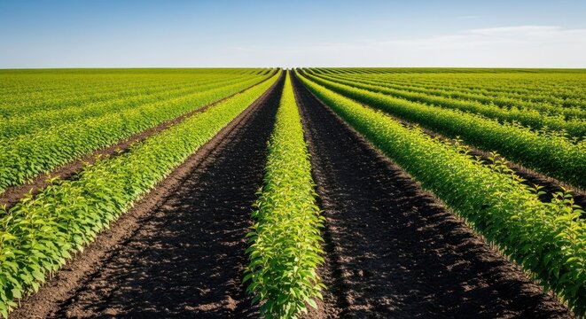 Agricultural field stretches to horizon under clear sky, showing rows of crops