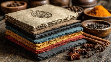 Vibrant bazaar flyer layout photographed on rustic table with spices flowers and handmade paper giving authentic cultural marketing appeal