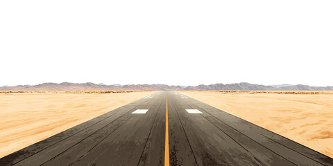Desert Runway Perspective Leading to Distant Mountains Concept of travel, adventure, and escape on a remote airstrip under a clear sky