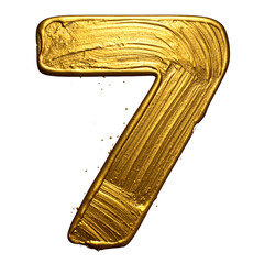 Golden number seven paint stroke isolated on white background, metallic texture, creative typography, shiny brushwork, artistic design element for celebration.
