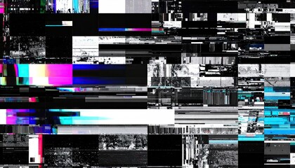 Pixelated Digital Glitch with Fragmented Neon Color Blocks