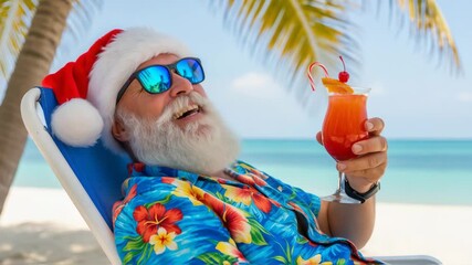 Senior man wearing Santa hat and sunglasses relaxes on beach chair with tropical palm trees, enjoying a festive drink, celebrating Christmas in a sunny paradise - Powered by Adobe