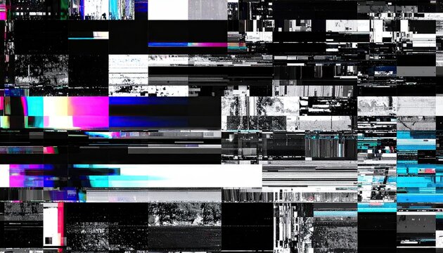 Pixelated Digital Glitch with Fragmented Neon Color Blocks