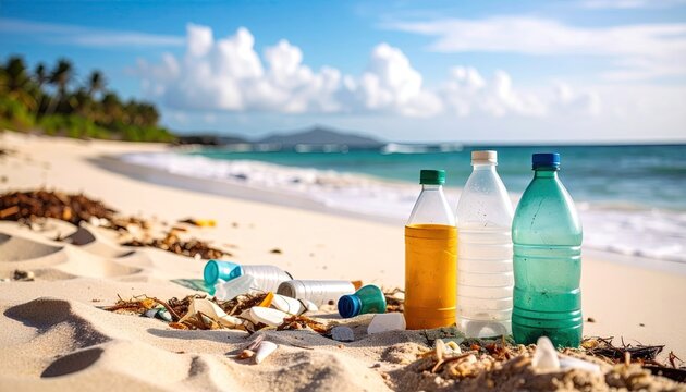 Plastic Bottles and Ocean Debris on Sandy Beach